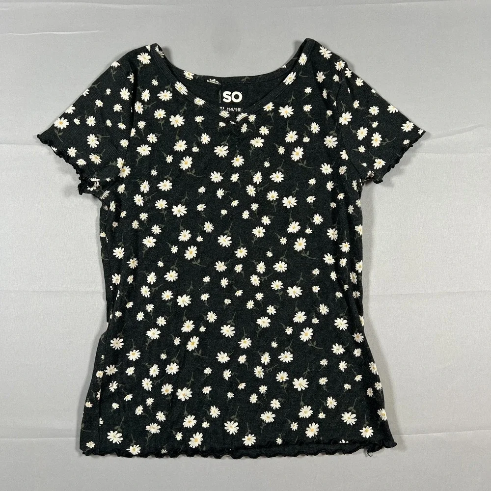 SO 2 Piece Top & Shorts Set Girls 14/16 Black Blue Denim Floral Cotton Stretch